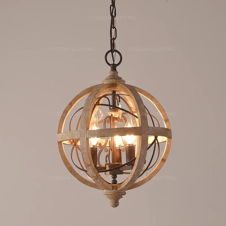 Globe Wood Chandelier Bedroom Living Room Hanging Lights Antique Round Sphere Wooden Chandelier