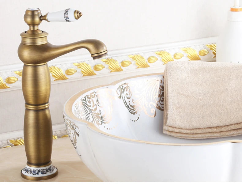 Antique Bronze Gold Black Crane Basin Faucet – Tall Bathroom Basin Sink Mixer Hot and Cold Water Tap