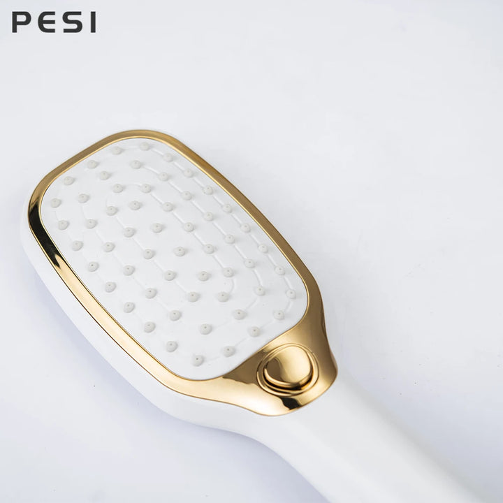 White and Gold Floor Mounted Bathtub Faucet Freestanding Tub Mixer Crane with Handshower Floor Mounted Claw Foot.