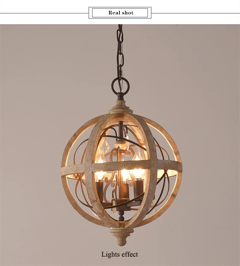 Retro solid wood Hanging Chandelier led in the living room Modern home decor Fixture Round Loft Suspension Crystal lighting