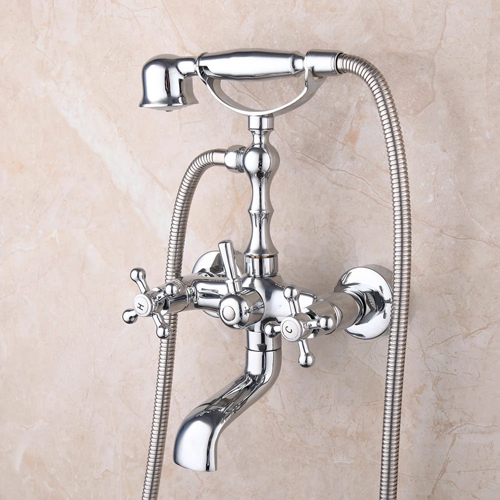 JIENI Brass Bathroom Basin Faucet Bathtub Shower Set Chrome Polish Water Mixer Tap Wall Mounted Telephone Hand Shower Faucet
