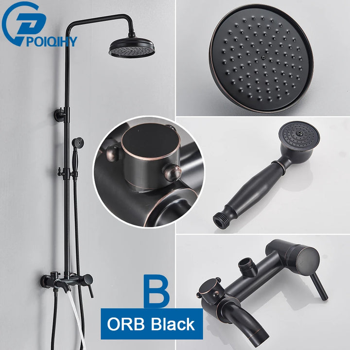 POIQIHY ORB Black Bathroom Shower Faucet In Wall 8" Rainfall Brass Shower Set Mixer Tap Tub Spout Bath Shower Set Dual Handles