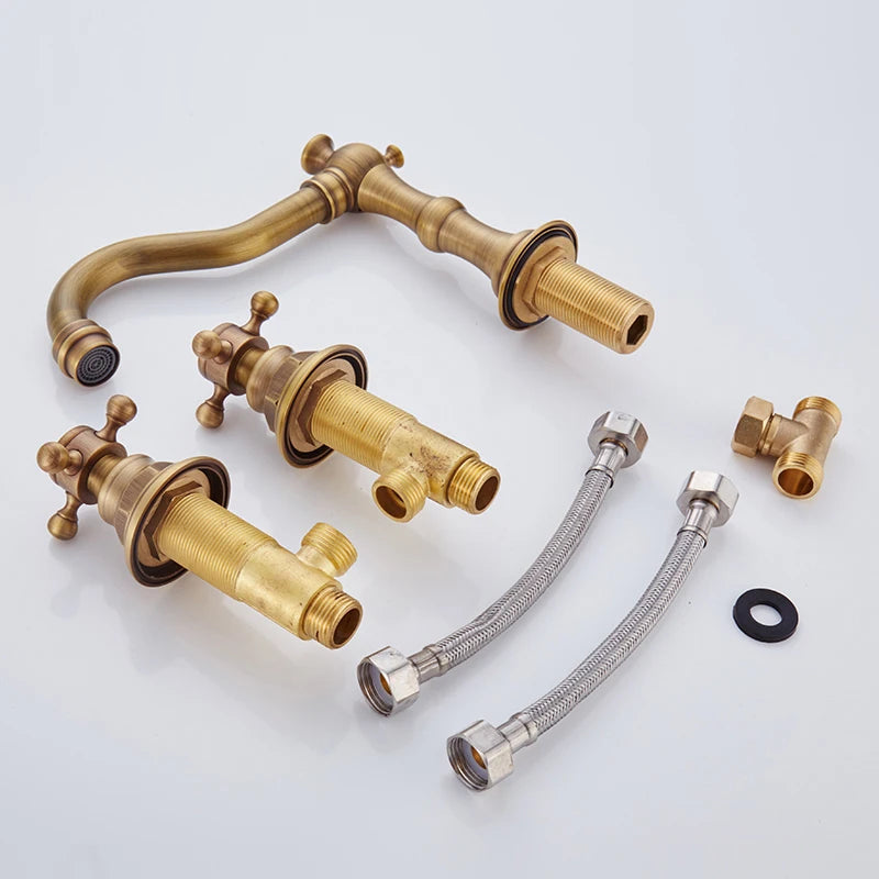 ELLEN Antique Bronze Bath Sink Faucet Double Handle Basin Sink Faucet Hot and Cold Water Mixer 3 Hole Bathroom Faucet ELF8001-3