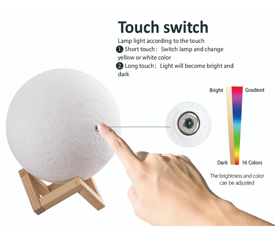 3D Print LED Lamp Moon Earth Jupiter Home Bedroom Decor Creative Mood Night Light USB Recharge Touch Pat Control Colorful