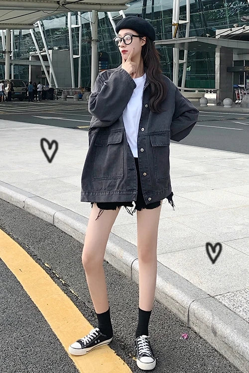 2 colors Women's casual Jean Coats 2023 autumn Women loose Denim Jacket Long Sleeve Loose Female Girls Outwear Oversize (78228)