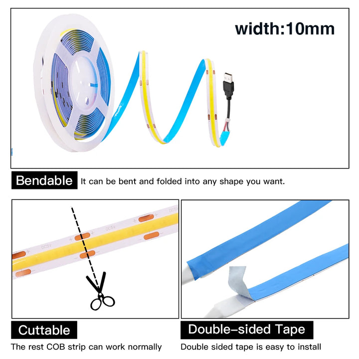 5V 12V 24V COB LED Strip 320LEDs/m High Density RA90 Flexible FOB LED Tape Light Bar Linear Ribbon 0.5-5m USB LED Light