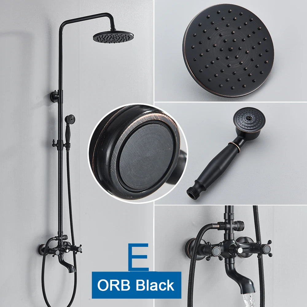 POIQIHY ORB Black Bathroom Shower Faucet In Wall 8" Rainfall Brass Shower Set Mixer Tap Tub Spout Bath Shower Set Dual Handles