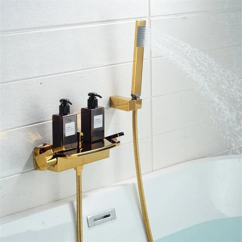 Quyanre Black Waterfall Bathtub Shower Faucets Wall Mount Shower Mixer Tap Faucets Hot Cold Bath Shower Tap BaRobinet Baignoire
