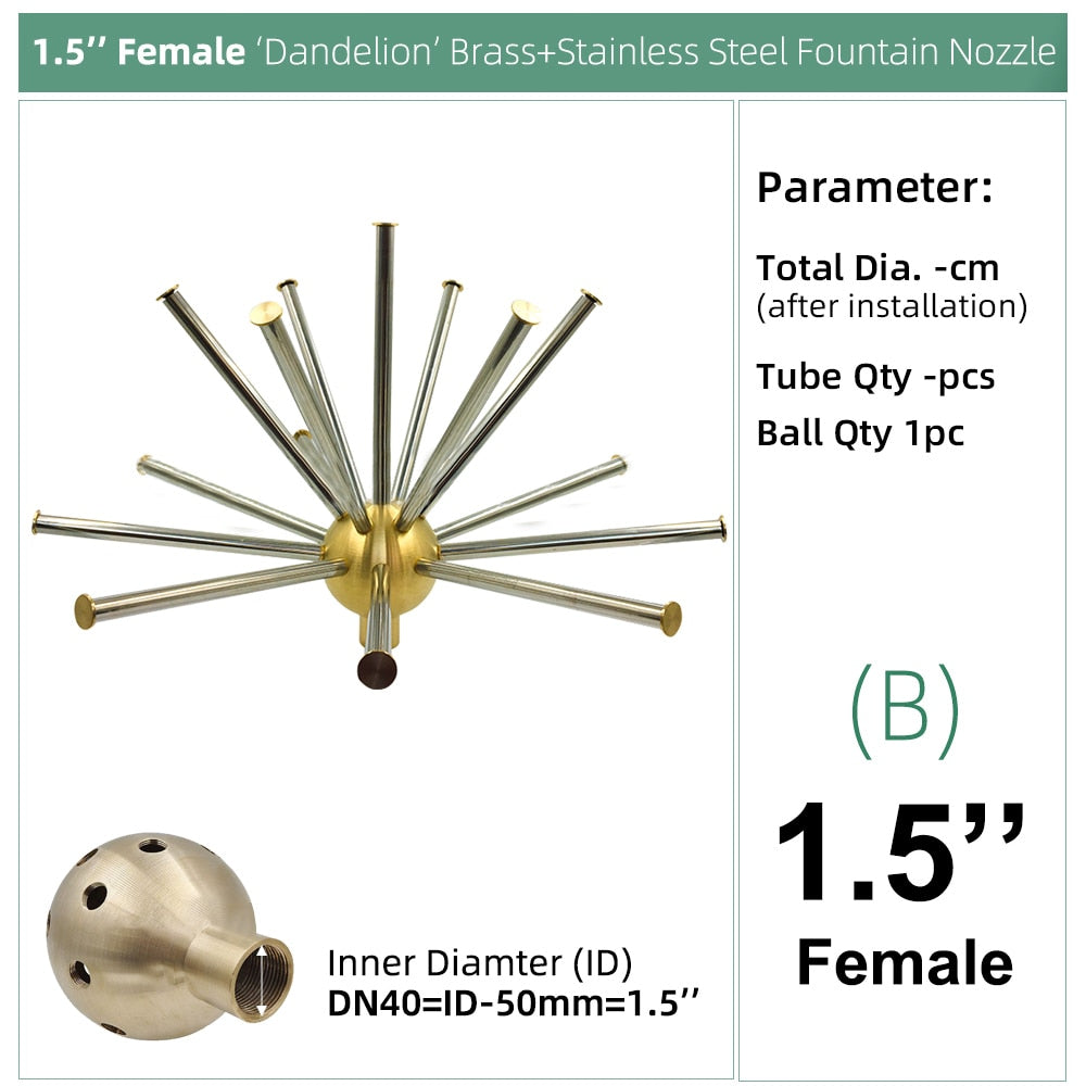 1''-3'' Female Half Dandelion Shape Fountain Nozzles Brass Ball Stainless Steel Tubing Sprinklers for Pond