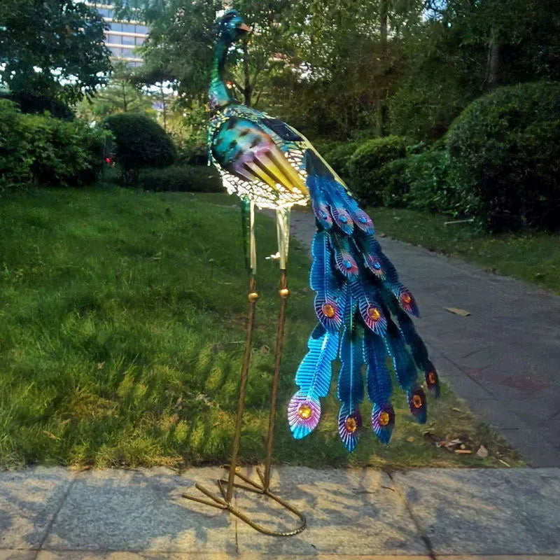 Solar Lights Peacock Statues Garden Decoration Outdoor Lamp Hollow Figurine Path Lawn Metal Sculpture