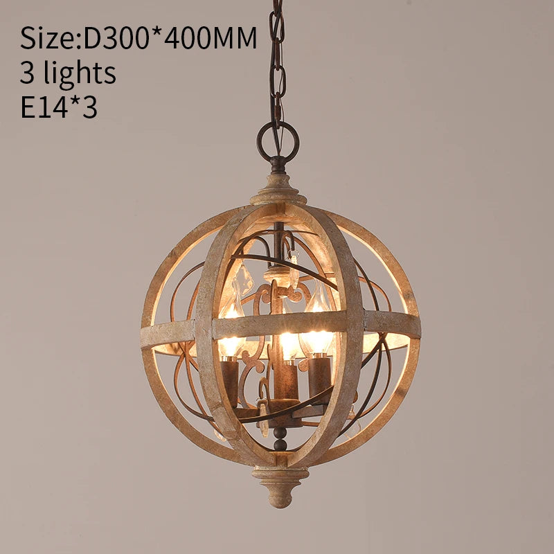 Globe Wood Chandelier Bedroom Living Room Hanging Lights Antique Round Sphere Wooden Chandelier
