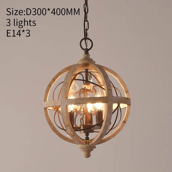 Globe Wood Chandelier Bedroom Living Room Hanging Lights Antique Round Sphere Wooden Chandelier