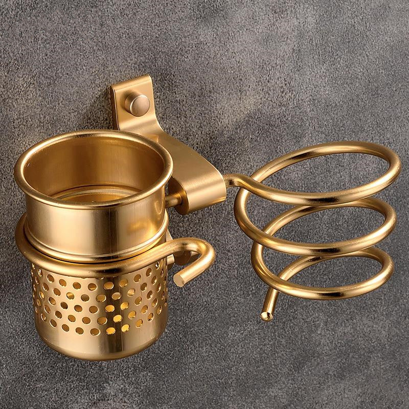 Golden hair dryer rack with cup hair   Households Rack Hair Blow Dryer Holder Aluminum Shelf Bathroom Accessories