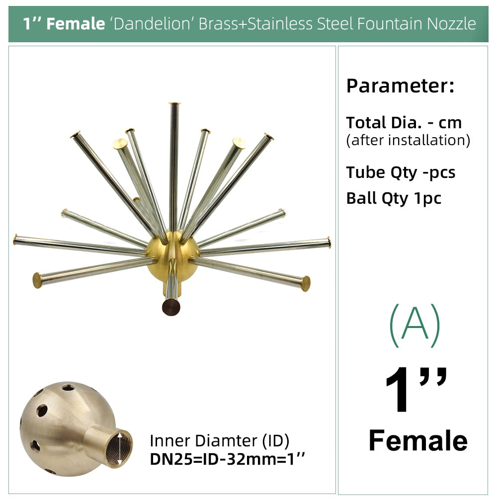 1''-3'' Female Half Dandelion Shape Fountain Nozzles Brass Ball Stainless Steel Tubing Sprinklers for Pond