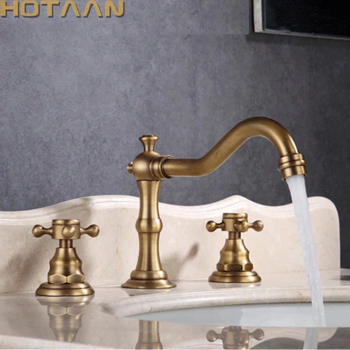 Solid Brass Bathroom Basin Mixer Tap Antique Brass  Kitchen Sink Faucet Dual Handles 3 holes 3 pcs Deck Mounted Basin Faucet