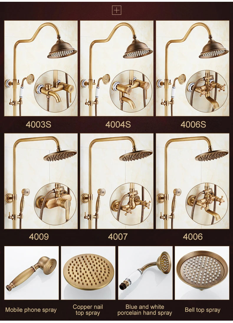 Antique Rain Shower Faucets Set with Hand Brass Wall Mounted Shower Mixer for Bathroom Bath Luxury Rainfall Shower Set EL4006T