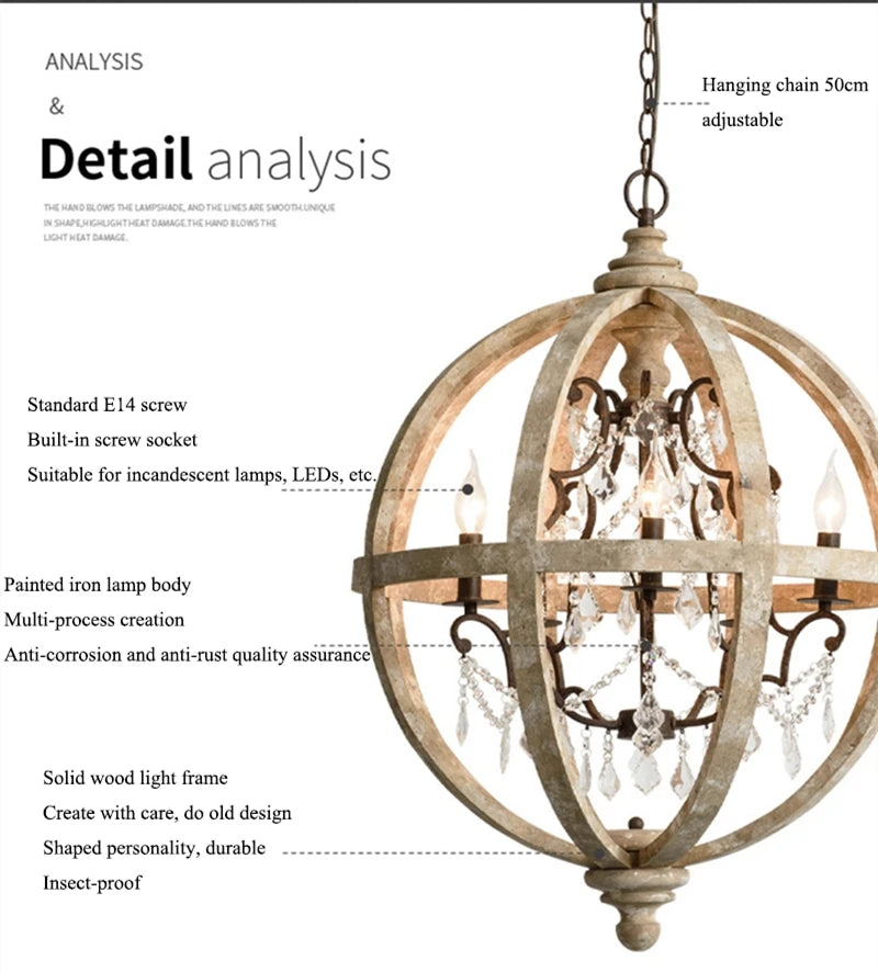 Retro solid wood Hanging Chandelier led in the living room Modern home decor Fixture Round Loft Suspension Crystal lighting