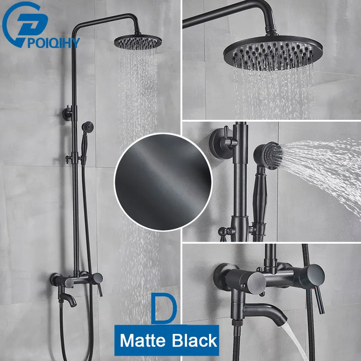 POIQIHY ORB Black Bathroom Shower Faucet In Wall 8" Rainfall Brass Shower Set Mixer Tap Tub Spout Bath Shower Set Dual Handles