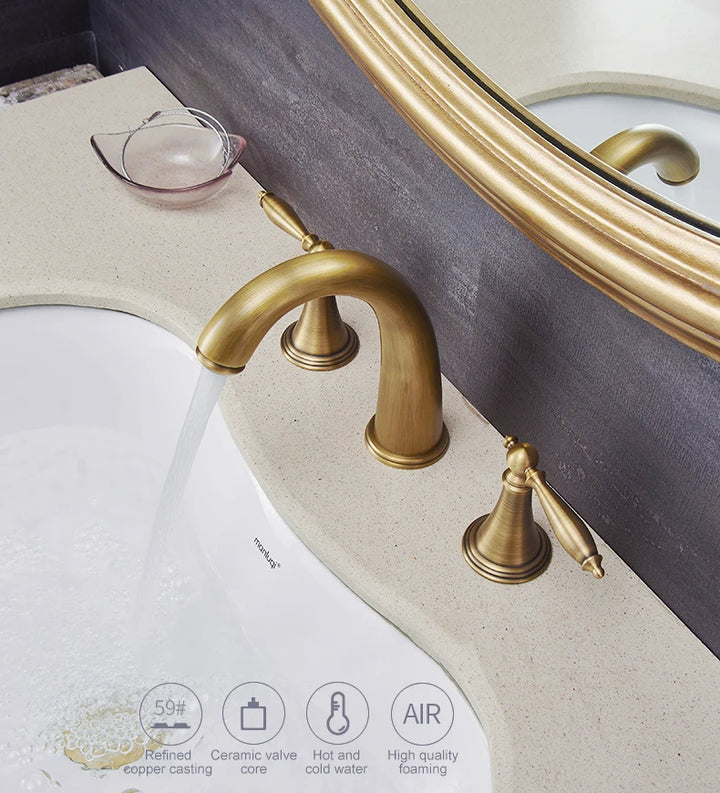 ELLEN Antique Bronze Bath Sink Faucet Double Handle Basin Sink Faucet Hot and Cold Water Mixer 3 Hole Bathroom Faucet ELF8001-3