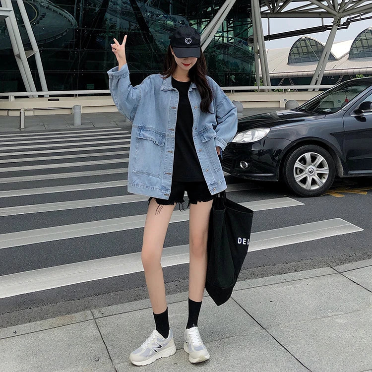 2 colors Women's casual Jean Coats 2023 autumn Women loose Denim Jacket Long Sleeve Loose Female Girls Outwear Oversize (78228)