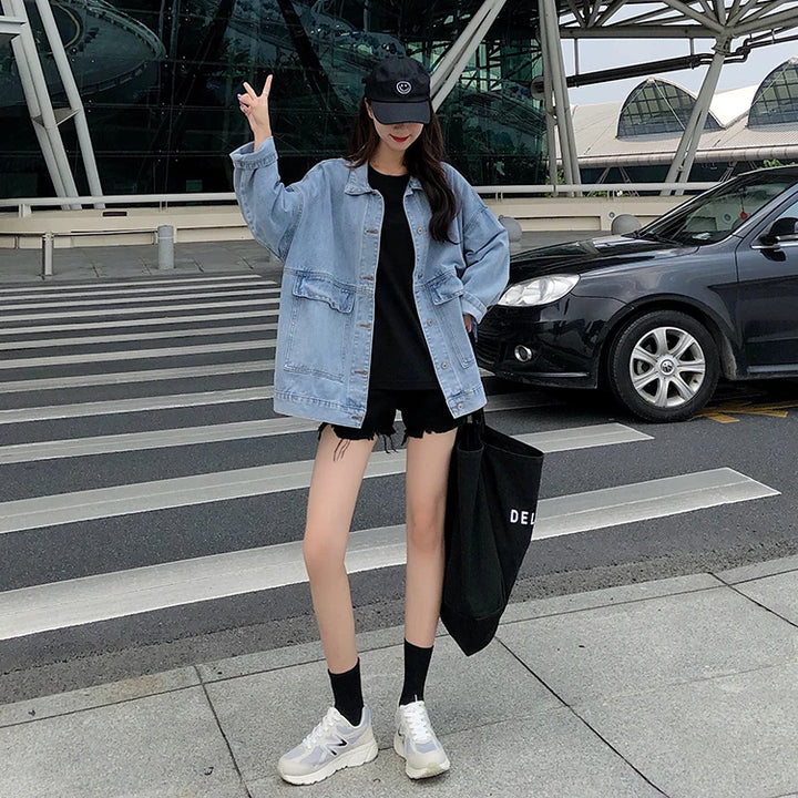 2 colors Women's casual Jean Coats 2023 autumn Women loose Denim Jacket Long Sleeve Loose Female Girls Outwear Oversize (78228)