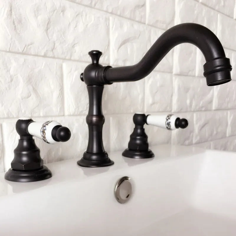 Black Oil Rubbed Bronze Double Handles 3 Holes Install Widespread Deck Mounted Bathroom Sink Basin Faucet Sink Mixer Tap mhg067