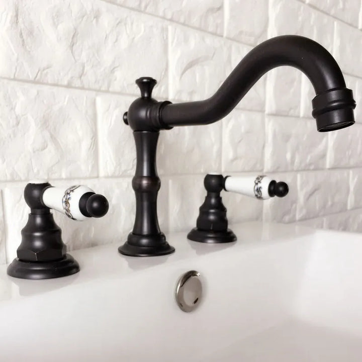 Black Oil Rubbed Bronze Double Handles 3 Holes Install Widespread Deck Mounted Bathroom Sink Basin Faucet Sink Mixer Tap mhg067