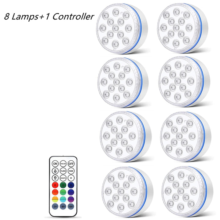 Updated Submersible LED Lights with Remote Underwater Pool Light IP68 Magnet 13 LED Bright Lamp RGB for Pond/Pool/Aquarium