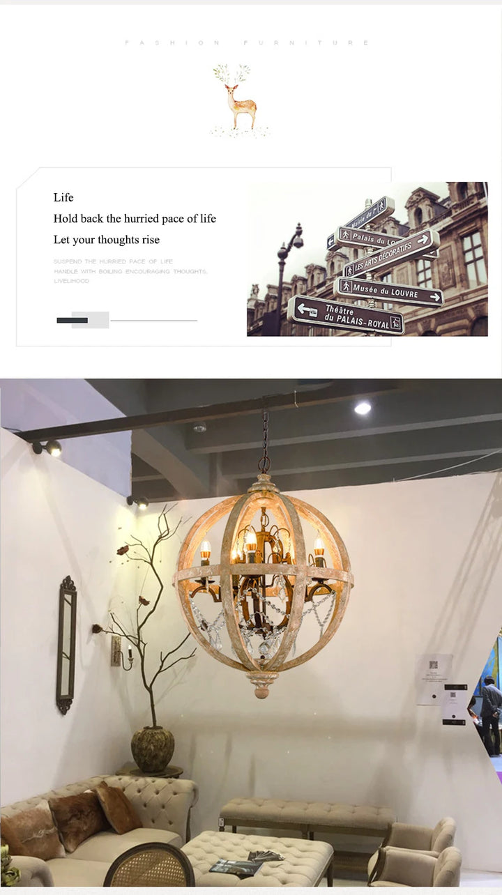 Retro solid wood Hanging Chandelier led in the living room Modern home decor Fixture Round Loft Suspension Crystal lighting