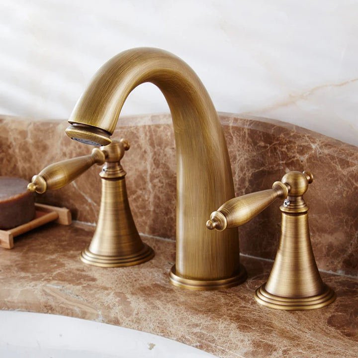 ELLEN Antique Bronze Bath Sink Faucet Double Handle Basin Sink Faucet Hot and Cold Water Mixer 3 Hole Bathroom Faucet ELF8001-3