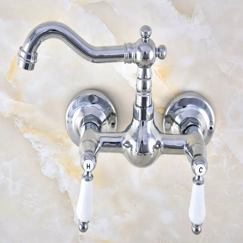 Polished Chrome Brass Wall Mounted Bathroom Kitchen Sink Faucet Swivel Spout Mixer Tap Dual Ceramics Handles Levers mnf573