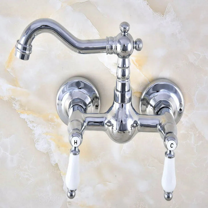 Polished Chrome Brass Wall Mounted Bathroom Kitchen Sink Faucet Swivel Spout Mixer Tap Dual Ceramics Handles Levers mnf573
