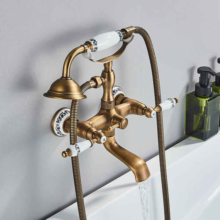 Rozin Retro Style Brass Bathtub Shower Faucet Set Dual Knobs Wall Mounted Bathtub Mixer with Handshower and Swivel Tub Spout Tap