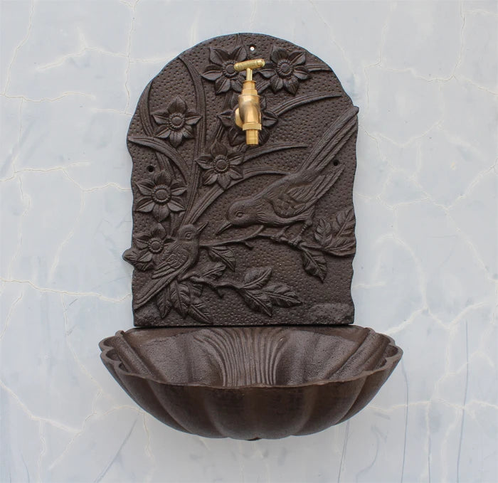 Rustic Cast Iron Wall Mounted Hand Sink With Birds On Flower Branch Metal Wash Basin Stand