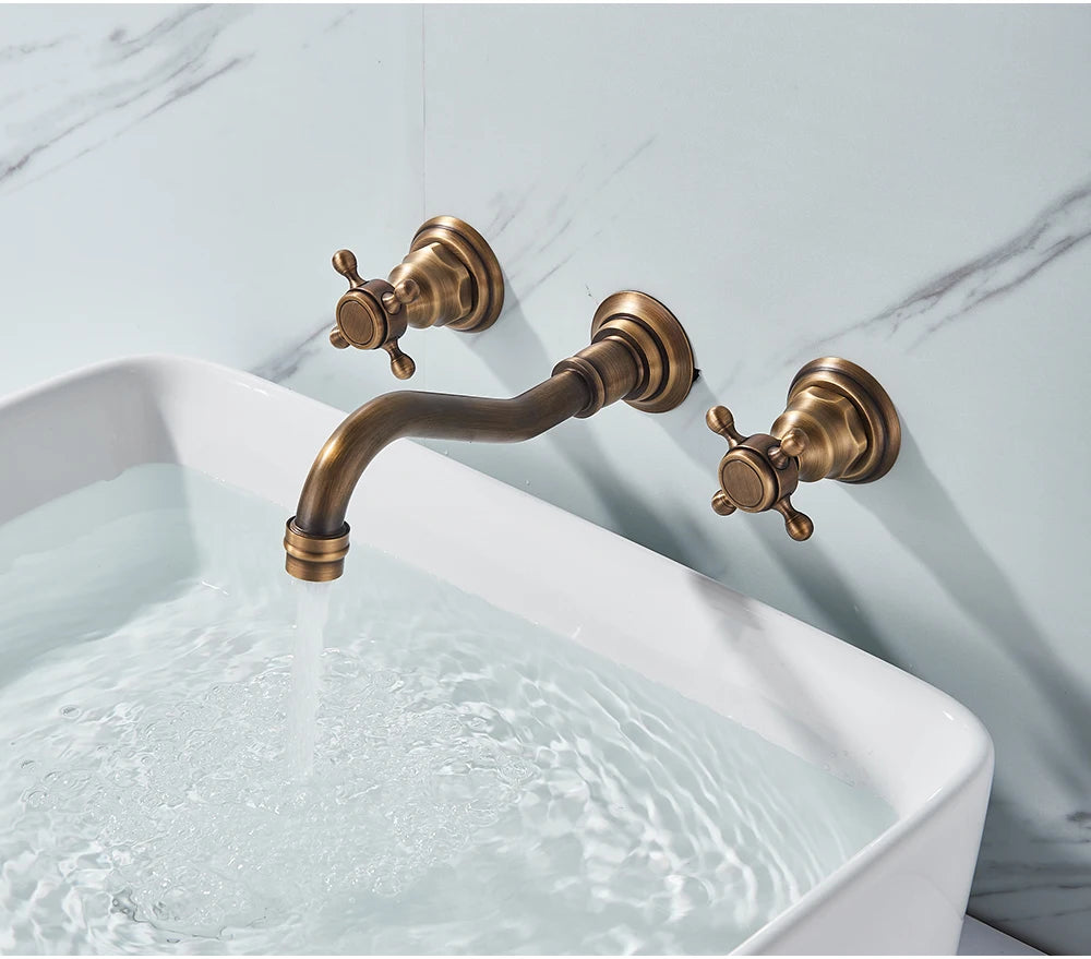 Antique Brass Bathroom Mixer Taps Widespread Basin Faucet Dual Handles Hot and Cold Tap Deck Mounted Brass Basin Sink Faucet