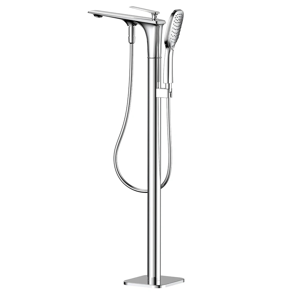 White and Gold Floor Mounted Bathtub Faucet Freestanding Tub Mixer Crane with Handshower Floor Mounted Claw Foot.