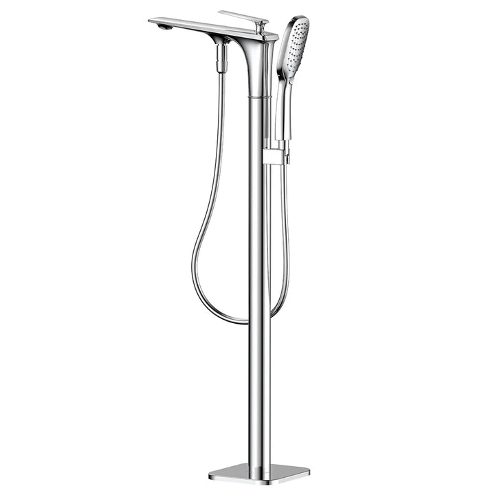 White and Gold Floor Mounted Bathtub Faucet Freestanding Tub Mixer Crane with Handshower Floor Mounted Claw Foot.