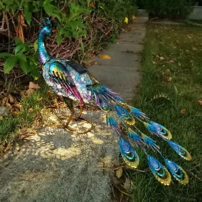 Solar Lights Peacock Statues Garden Decoration Outdoor Lamp Hollow Figurine Path Lawn Metal Sculpture