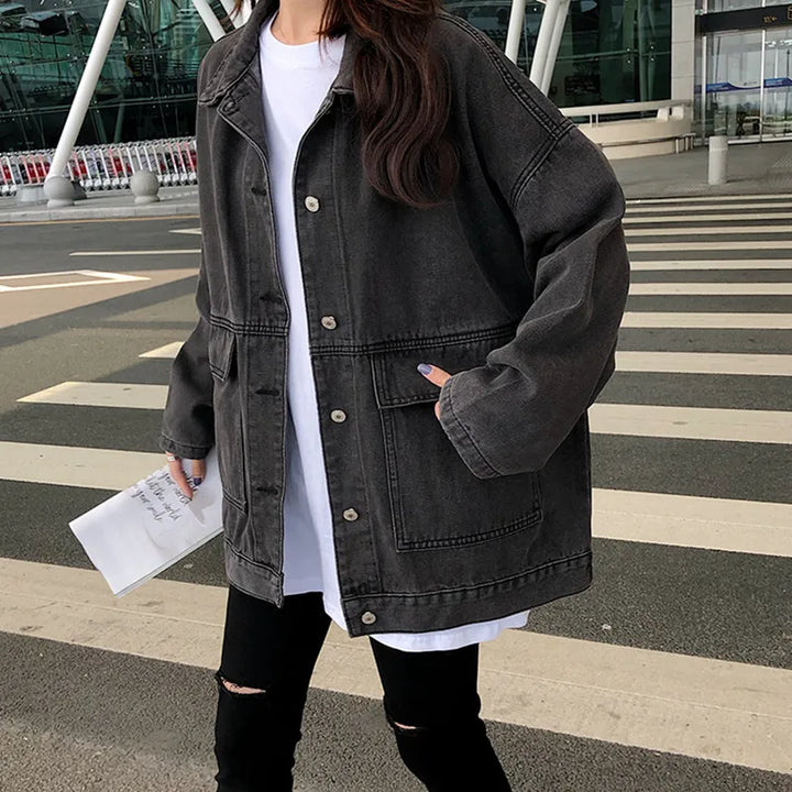 2 colors Women's casual Jean Coats 2023 autumn Women loose Denim Jacket Long Sleeve Loose Female Girls Outwear Oversize (78228)
