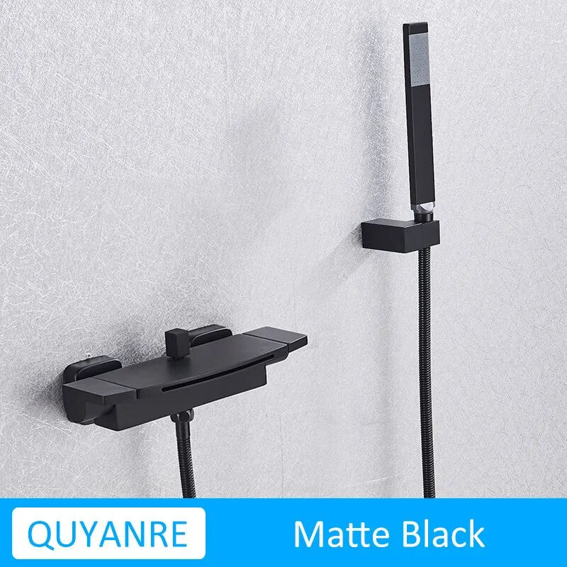 Quyanre Black Waterfall Bathtub Shower Faucets Wall Mount Shower Mixer Tap Faucets Hot Cold Bath Shower Tap BaRobinet Baignoire