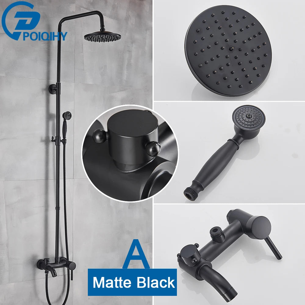 POIQIHY ORB Black Bathroom Shower Faucet In Wall 8" Rainfall Brass Shower Set Mixer Tap Tub Spout Bath Shower Set Dual Handles