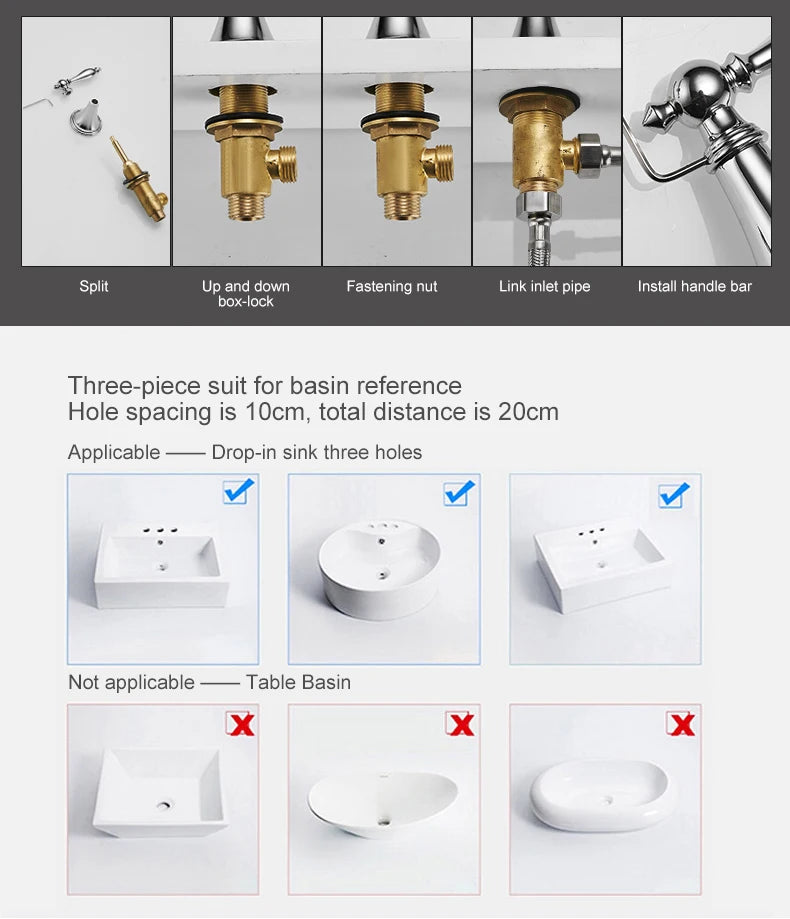 ELLEN Antique Bronze Bath Sink Faucet Double Handle Basin Sink Faucet Hot and Cold Water Mixer 3 Hole Bathroom Faucet ELF8001-3