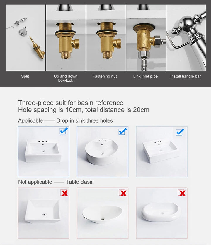 ELLEN Antique Bronze Bath Sink Faucet Double Handle Basin Sink Faucet Hot and Cold Water Mixer 3 Hole Bathroom Faucet ELF8001-3