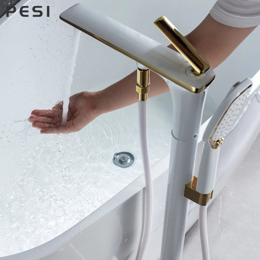White and Gold Floor Mounted Bathtub Faucet Freestanding Tub Mixer Crane with Handshower Floor Mounted Claw Foot.