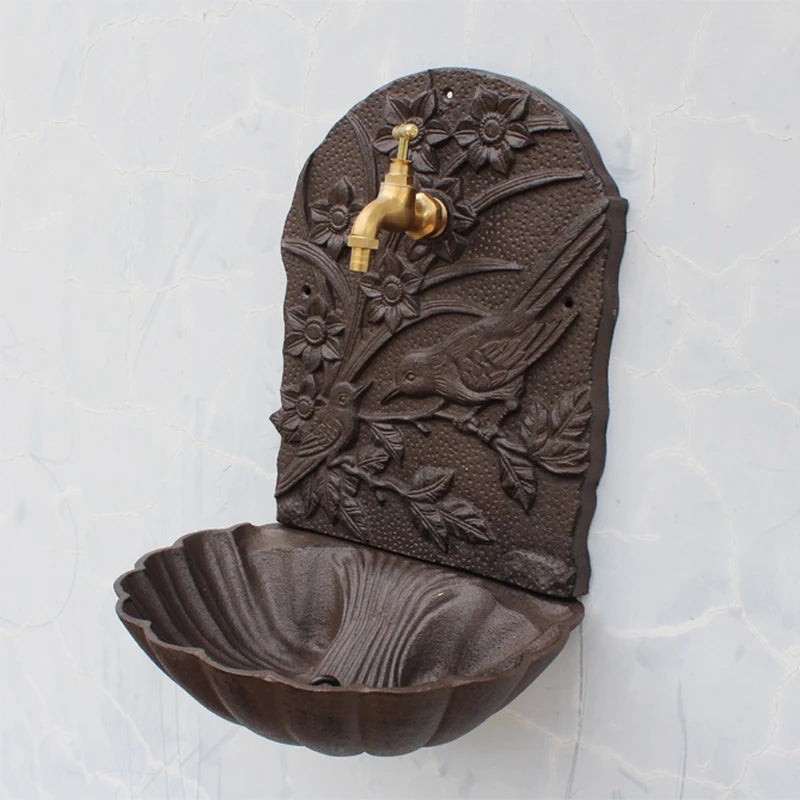 Rustic Cast Iron Wall Mounted Hand Sink With Birds On Flower Branch Metal Wash Basin Stand