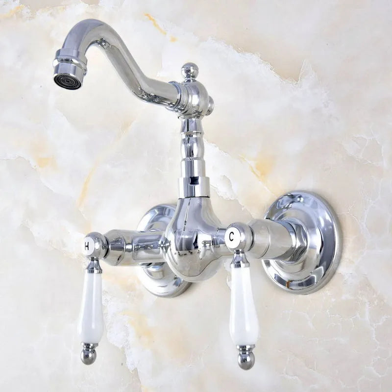 Polished Chrome Brass Wall Mounted Bathroom Kitchen Sink Faucet Swivel Spout Mixer Tap Dual Ceramics Handles Levers mnf573
