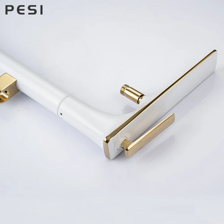 White and Gold Floor Mounted Bathtub Faucet Freestanding Tub Mixer Crane with Handshower Floor Mounted Claw Foot.