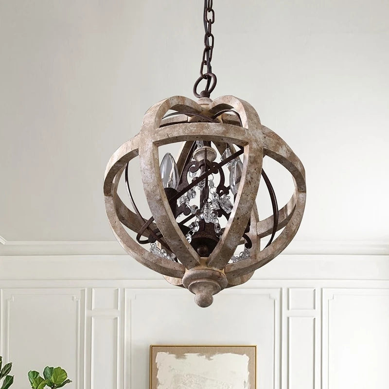 Retro solid wood Hanging Chandelier led in the living room Modern home decor Fixture Round Loft Suspension Crystal lighting