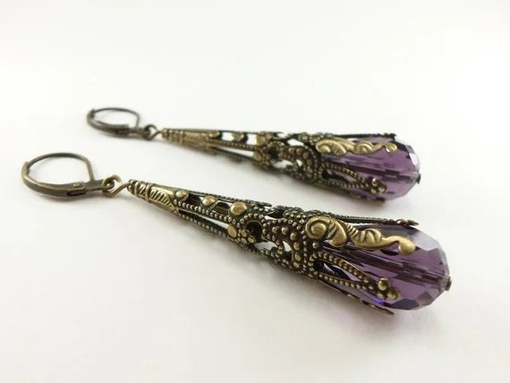 Amethyst Earrings Long Dangle Earrings Long Dangle Earrings Champagne Crystal Earrings