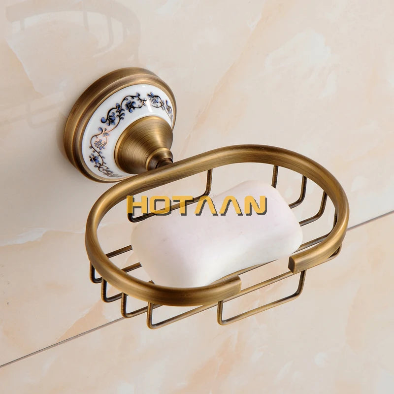 Antique Brushed Solid Brass Bathroom Accessories Sets European Porcelain Bathroom Hardware Sets Ceramic Retro Bathroom Products